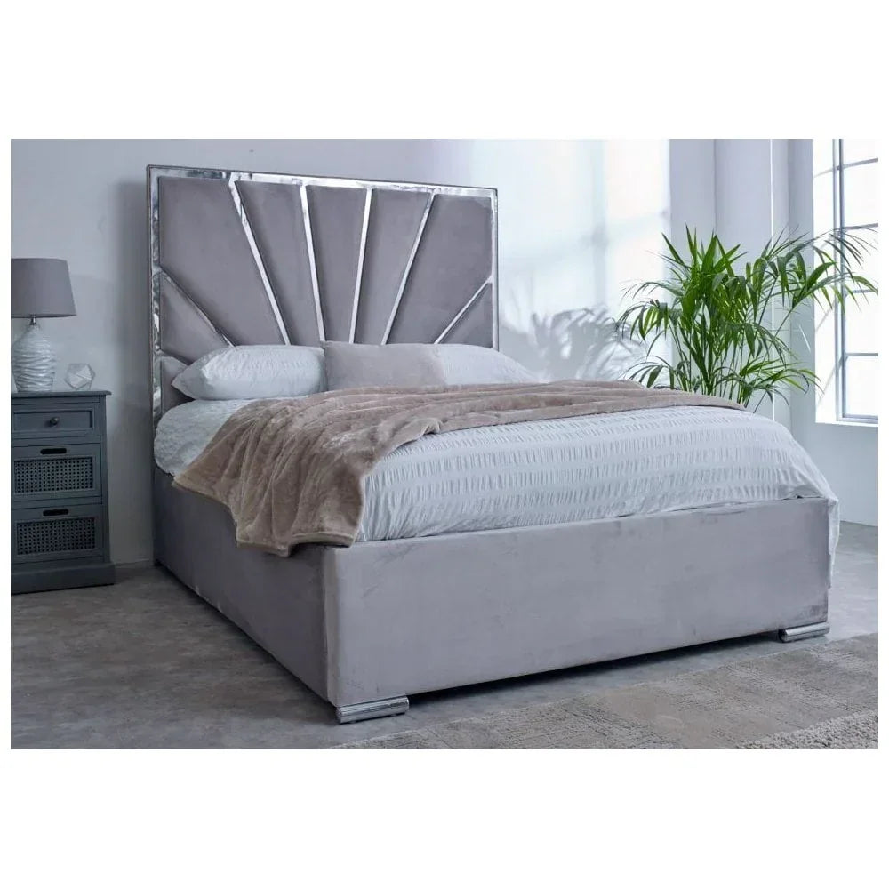 Grey velvet bed frame with tall geometric headboard in modern bedroom