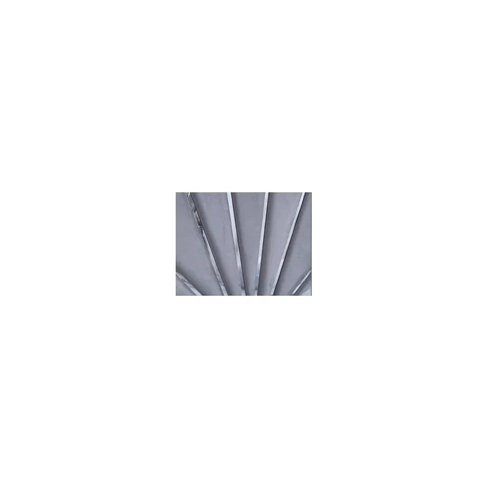 Closeup of grey metal bed frame with curved slat headboard detail