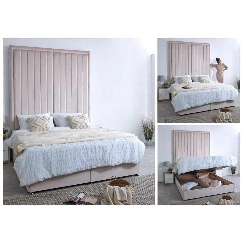 Beige upholstered ottoman storage bed with tall headboard and bedding in modern bedroom