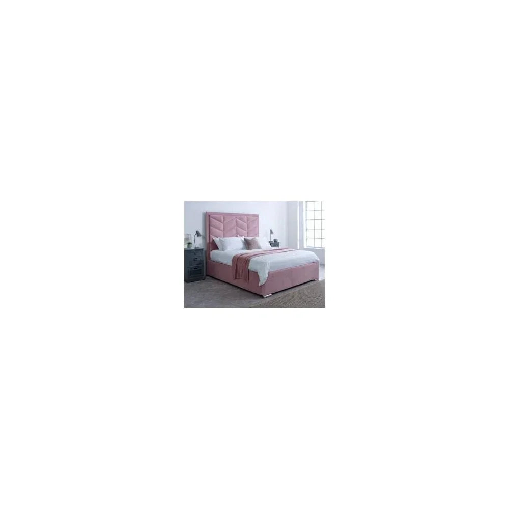 Pink upholstered bed frame with high headboard in modern bedroom setting