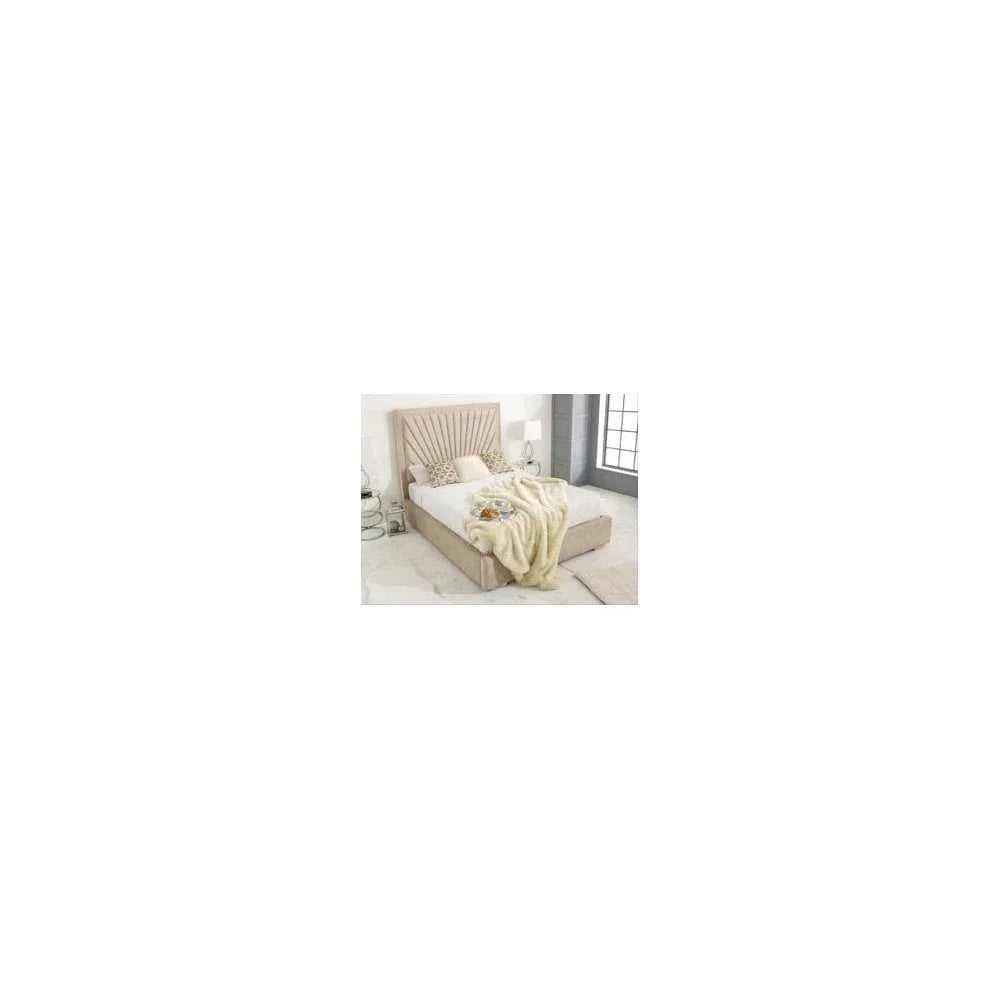 Beige upholstered bed with statement headboard, neutral bedding and throw, bedroom setting