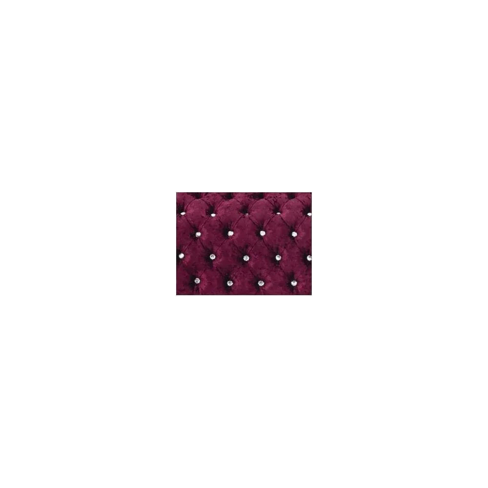Plum velvet sofa upholstery with deep button tufting and crystal detailing