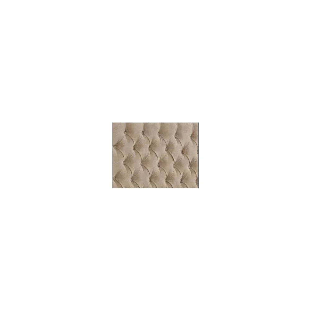 Beige tufted fabric headboard with button detailing, close-up view