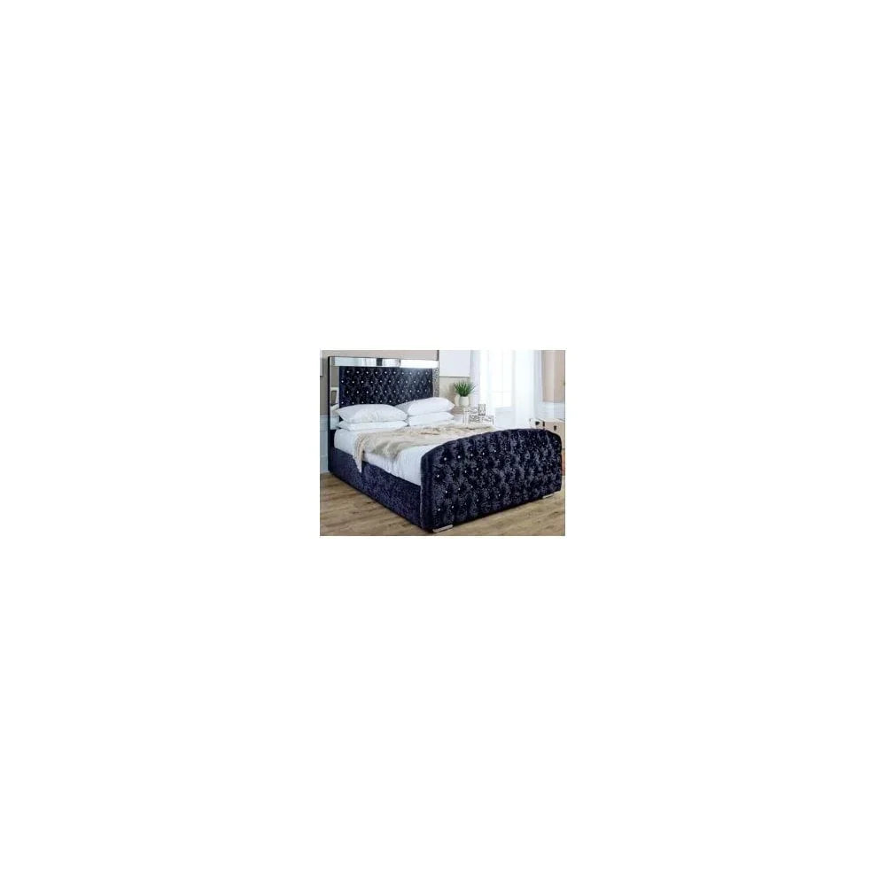 Dark upholstered bed with tufted headboard and footboard in modern bedroom