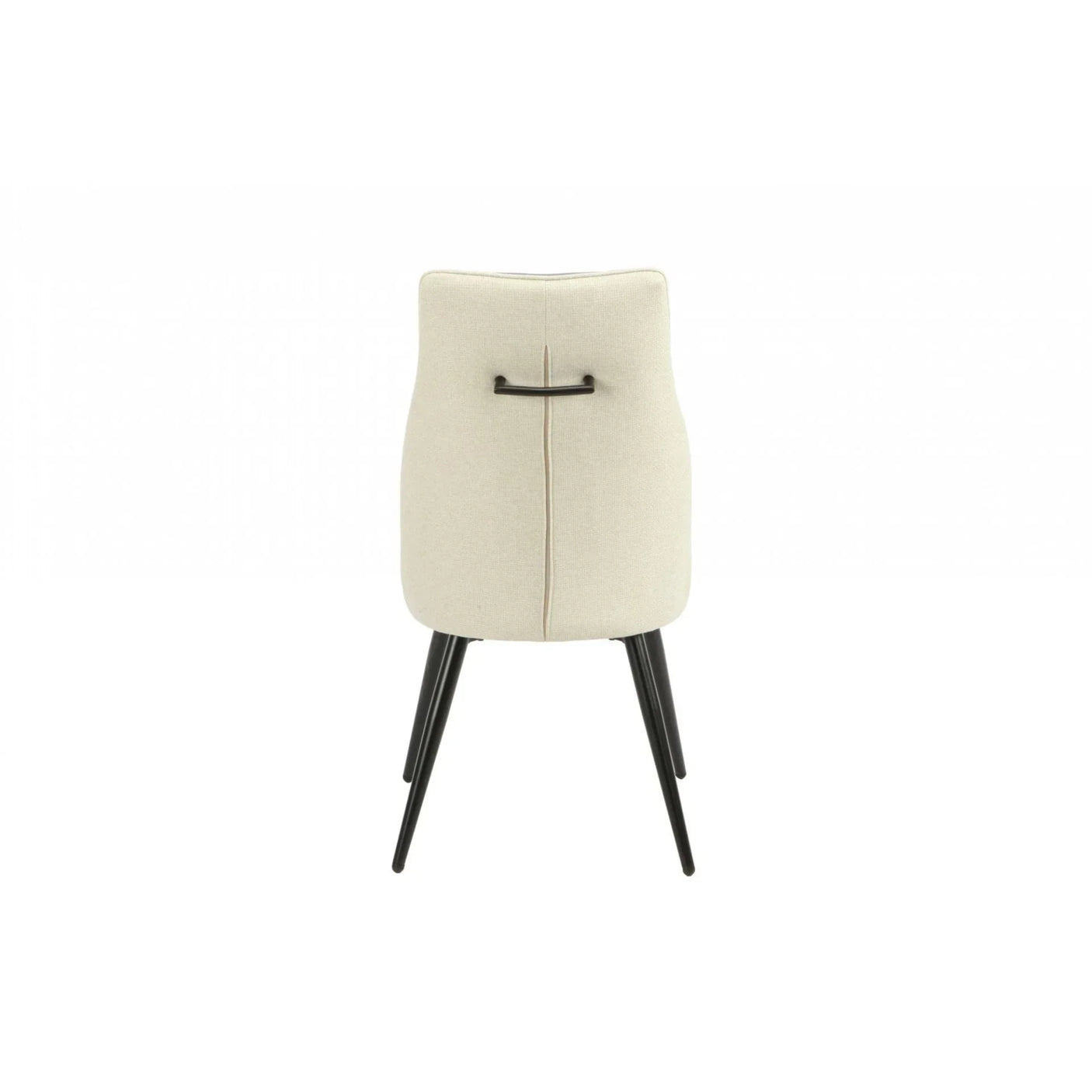 Beige dining chair with black metal legs, rear view, upholstered fabric and handle detail