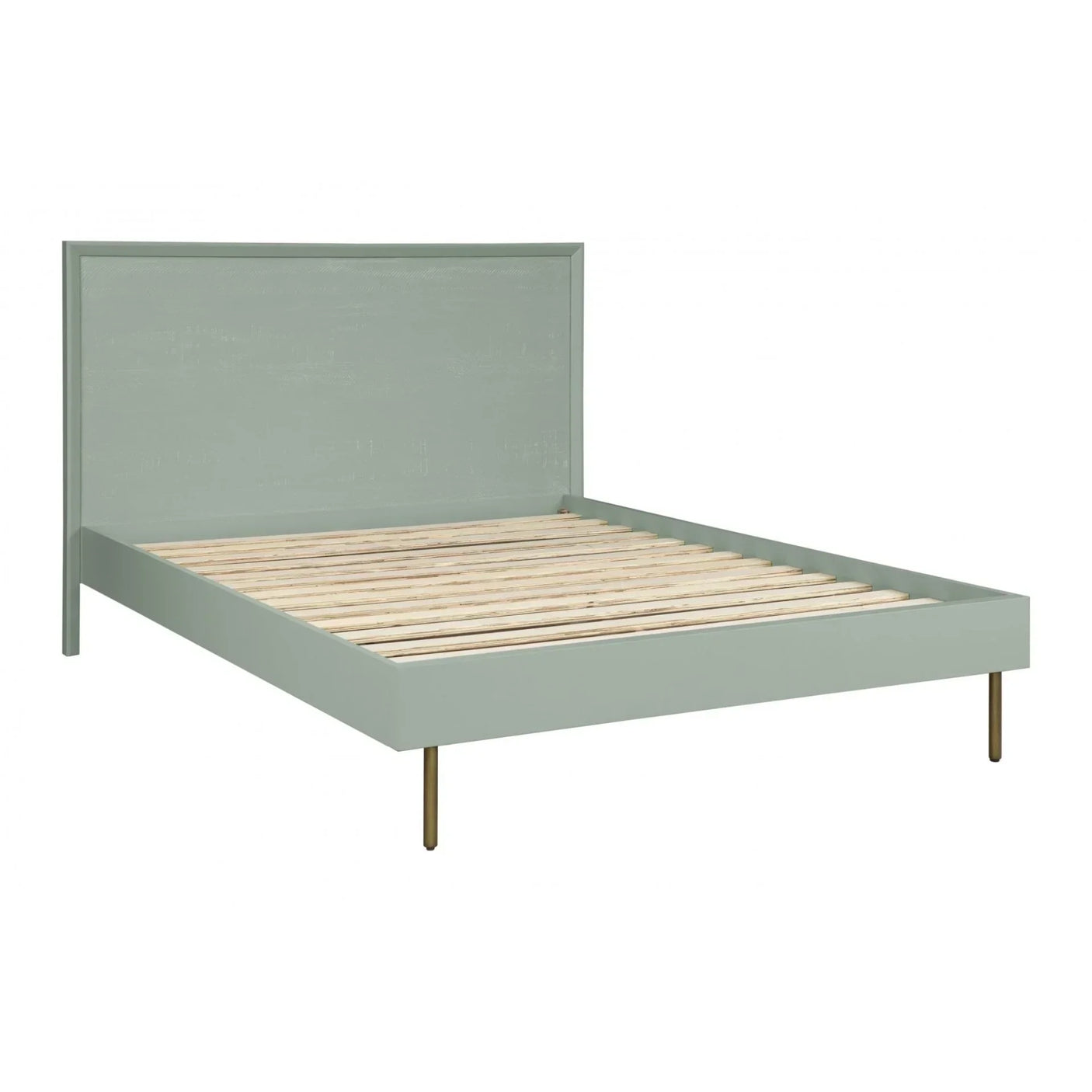 Green wooden bed frame with slatted base and tall headboard, angled side view