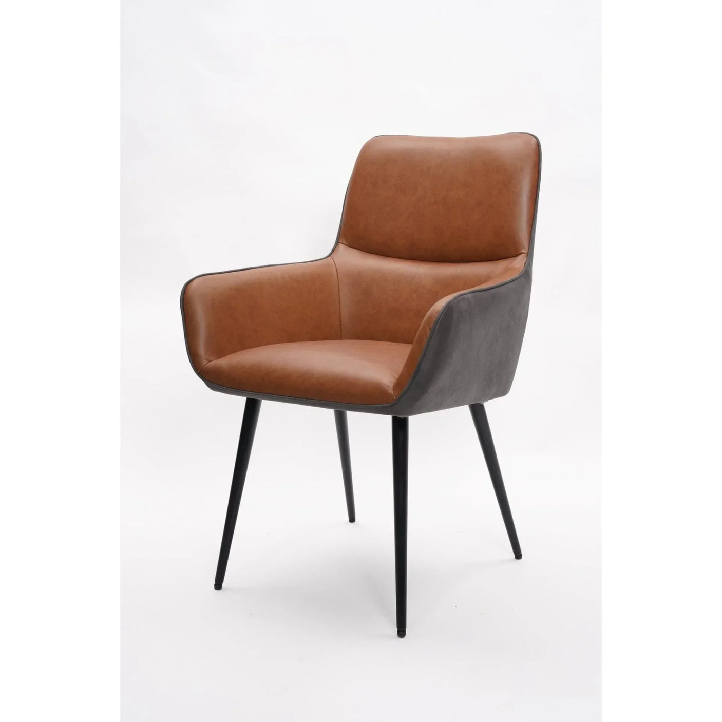 Brown faux leather dining chair with black metal legs and curved armrests