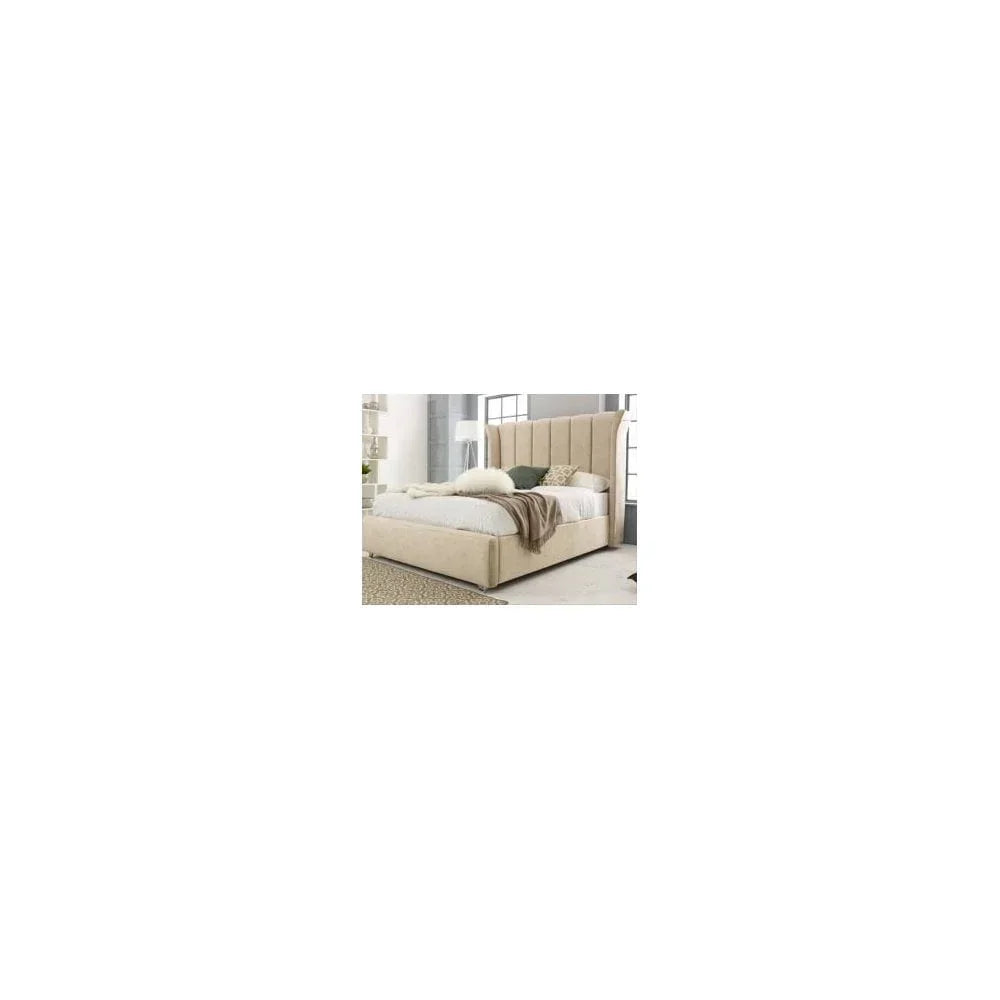 Beige upholstered bed frame with tall headboard and bedding in modern bedroom