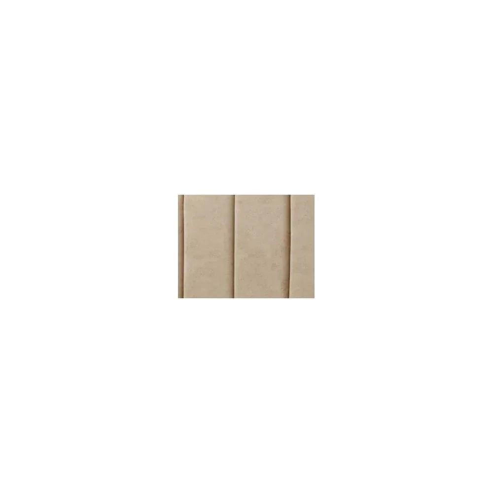 Beige upholstered headboard with vertical panel detail, closeup view