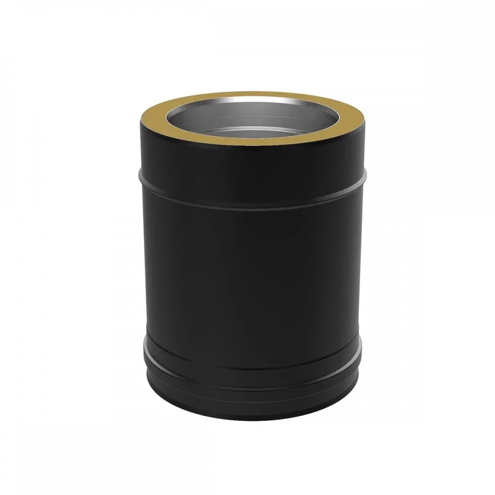 Black stove pipe connector with gold trim and matte finish on a white background