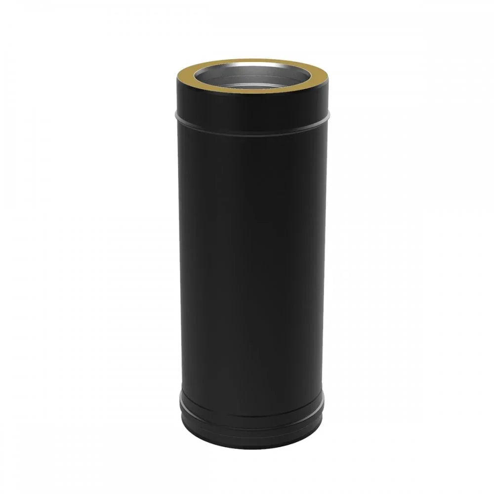 Black metal stove pipe section with gold trim and visible joint detail