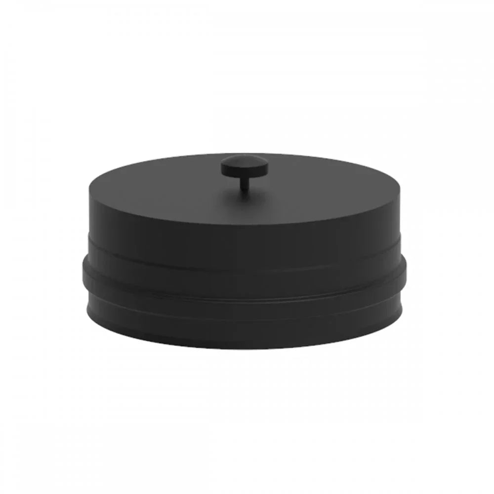 Black metal stove flue pipe cap with top handle, shown from a front angle