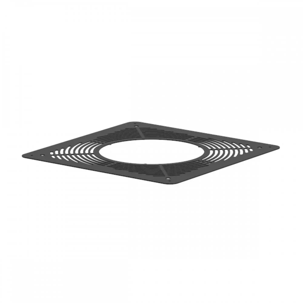 Black metal ventilation grille cover with round center opening and geometric design