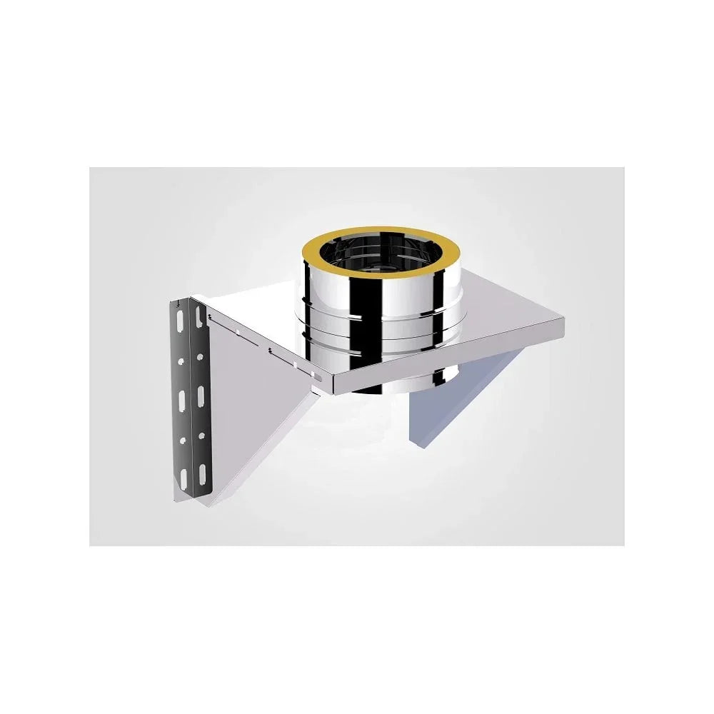 Stainless steel flue wall support bracket with circular chimney pipe fitting