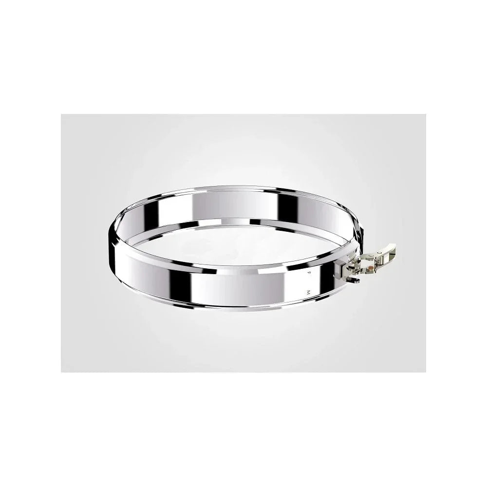 Stainless steel cake ring with adjustable clasp on white background