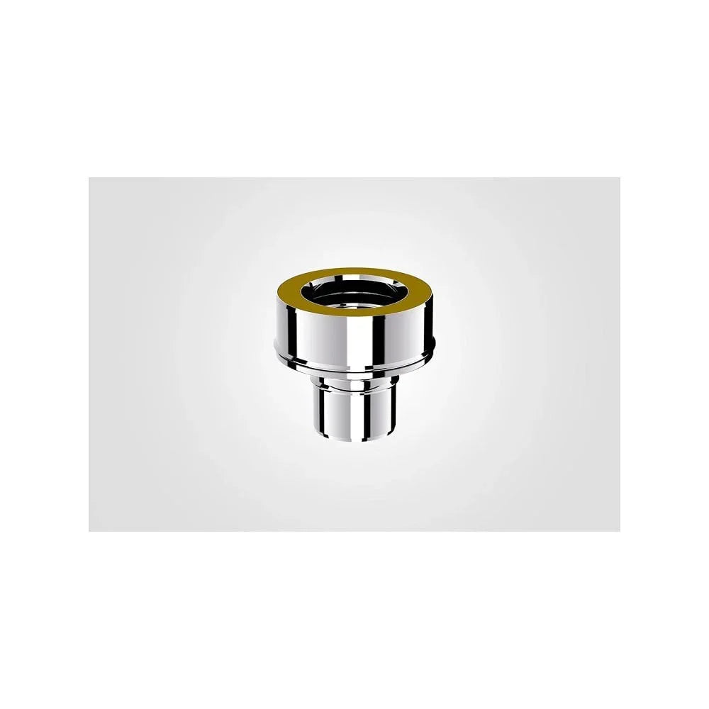 Chrome metal pipe connector with gold accent on white background
