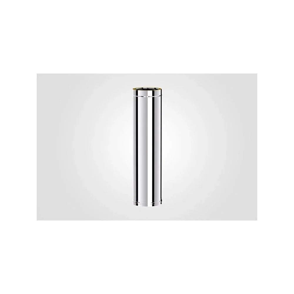 Stainless steel stove flue pipe with polished finish on white background