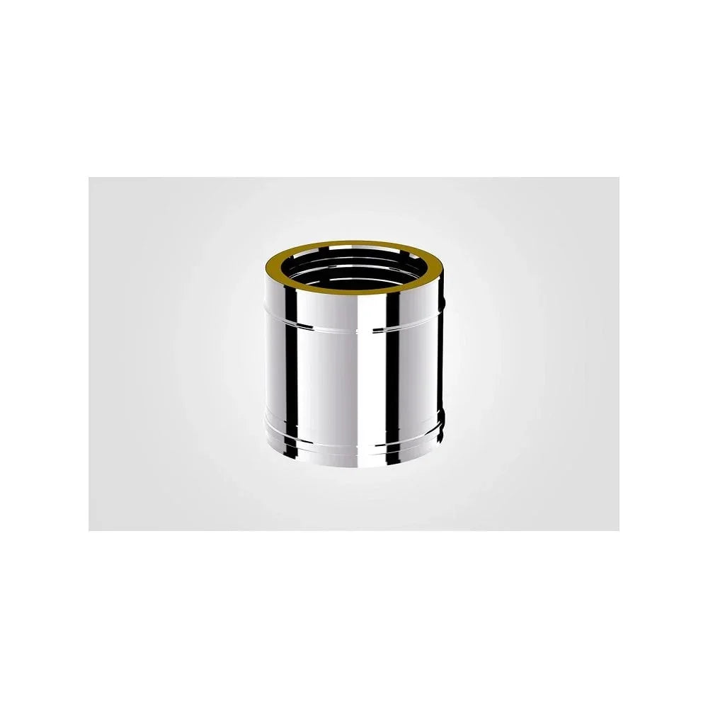 Stainless steel flue pipe connector with polished finish and gold-colored inner rim