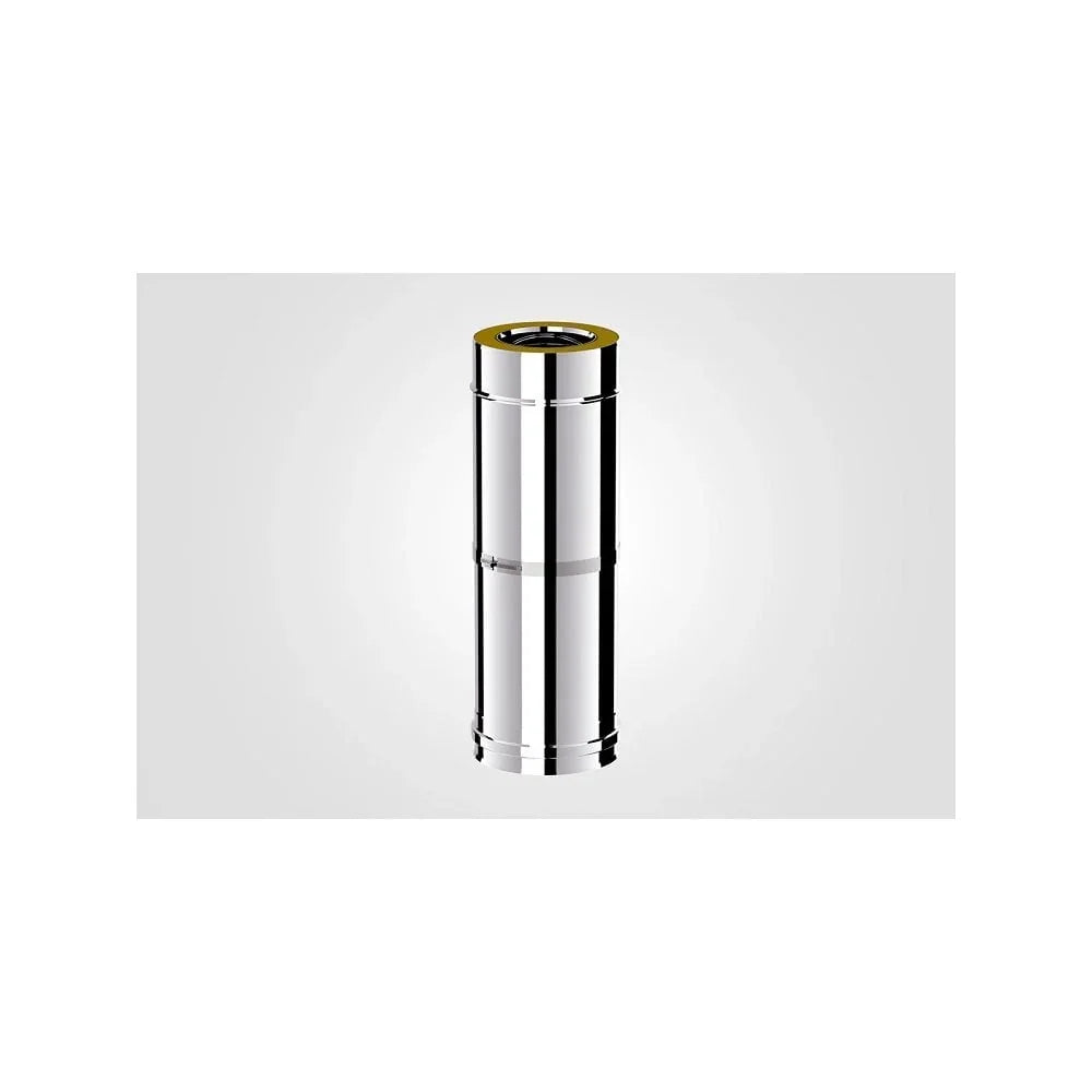 Stainless steel flue pipe section with yellow rim on white background