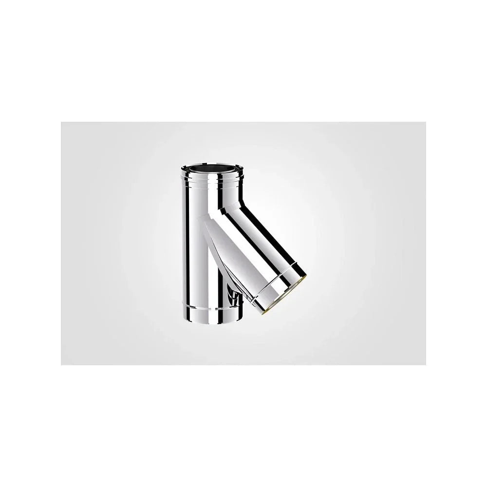Stainless steel stove flue pipe Y connector on white background