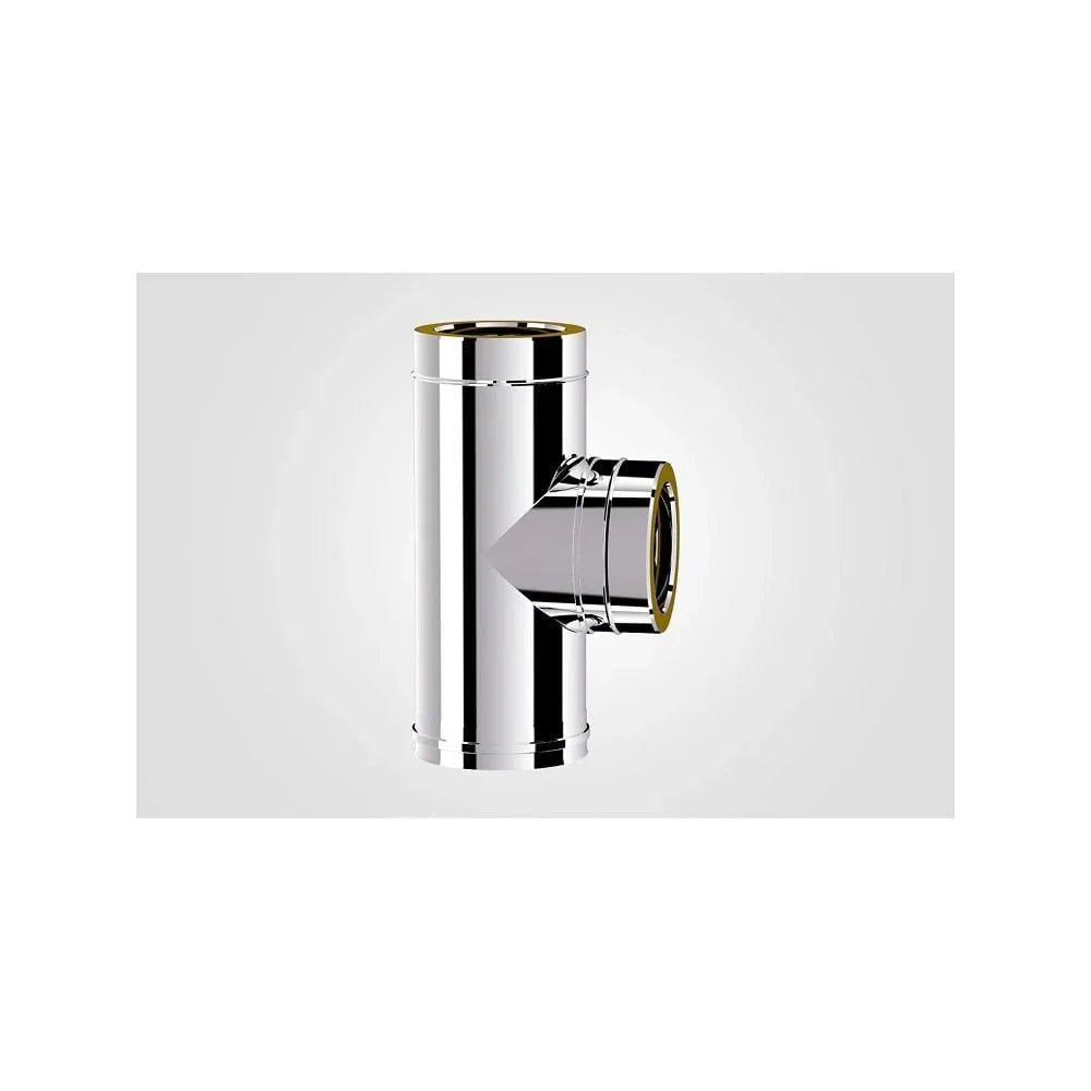 Stainless steel chimney pipe T-branch connector with gold trim on white background