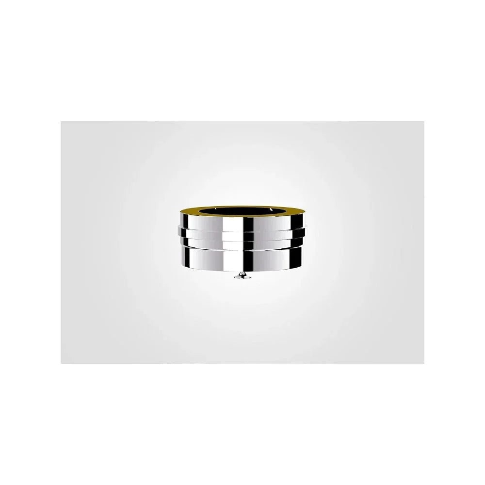 Stainless steel chimney adapter with polished finish against plain background
