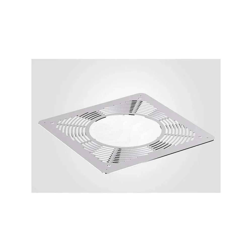 Stainless steel square floor drain cover with circular pattern, isolated on white background