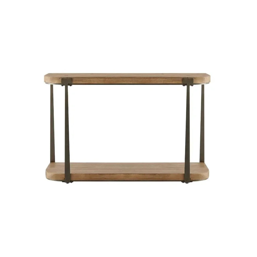 Wood console table with metal frame and two shelves, viewed from the front