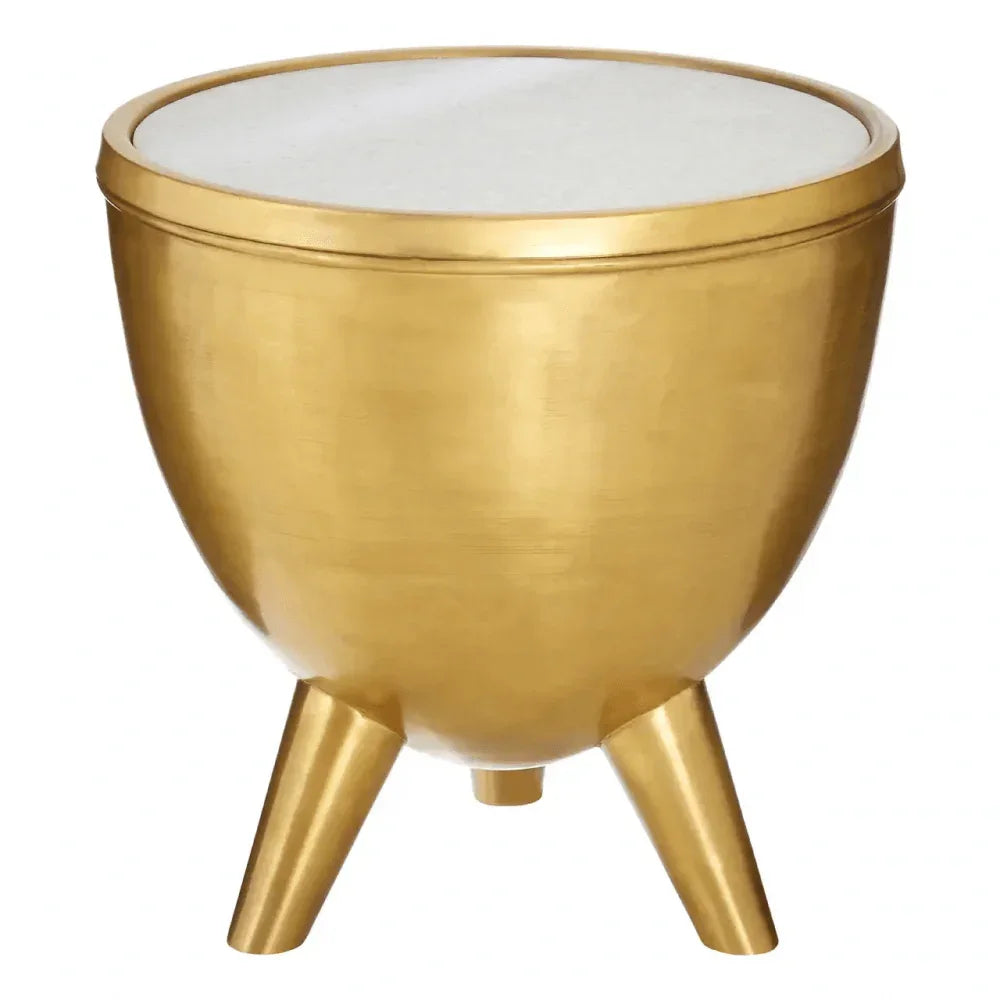 Gold metal side table with round white top and tripod legs