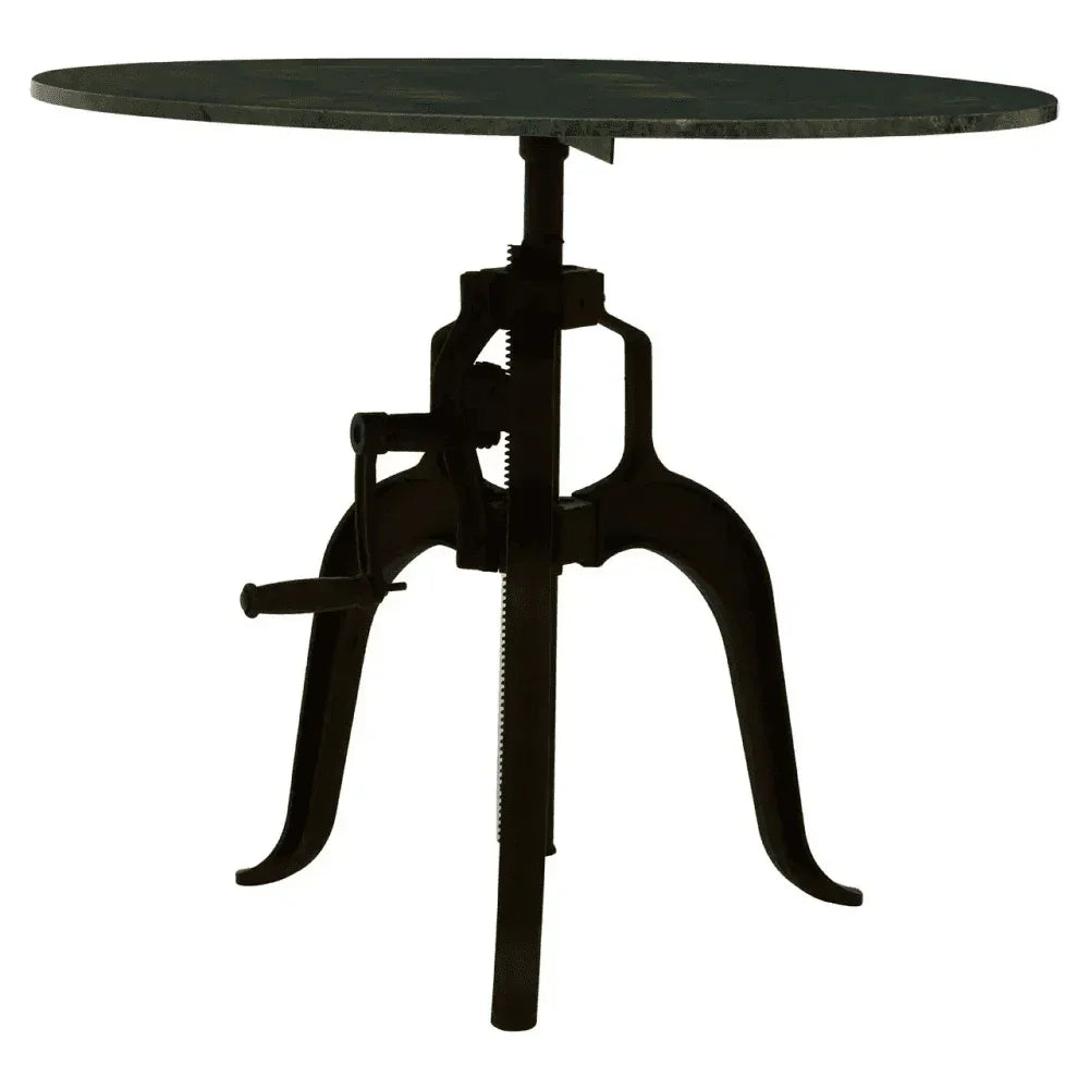 Round industrial side table with black metal legs and crank handle base