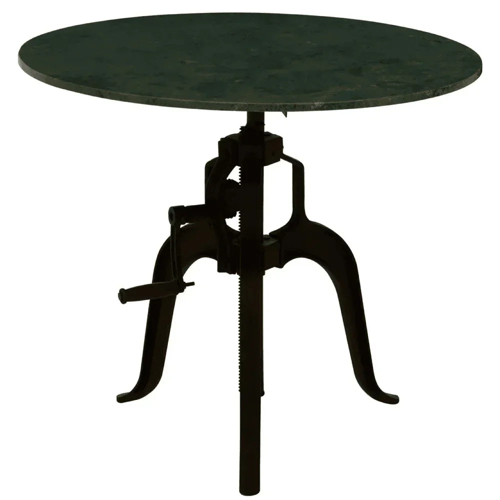 Round black adjustable height table with metal base and three legs