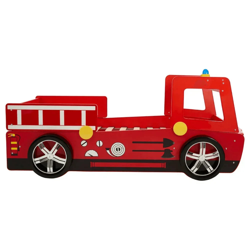 Red kids fire truck bed frame with graphic wheels and ladder side design, side view
