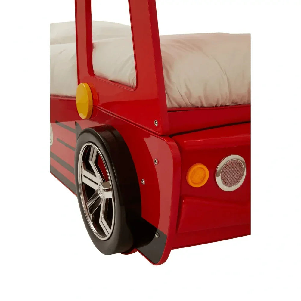 Red car-themed kids bed with silver wheel detail and white bedding