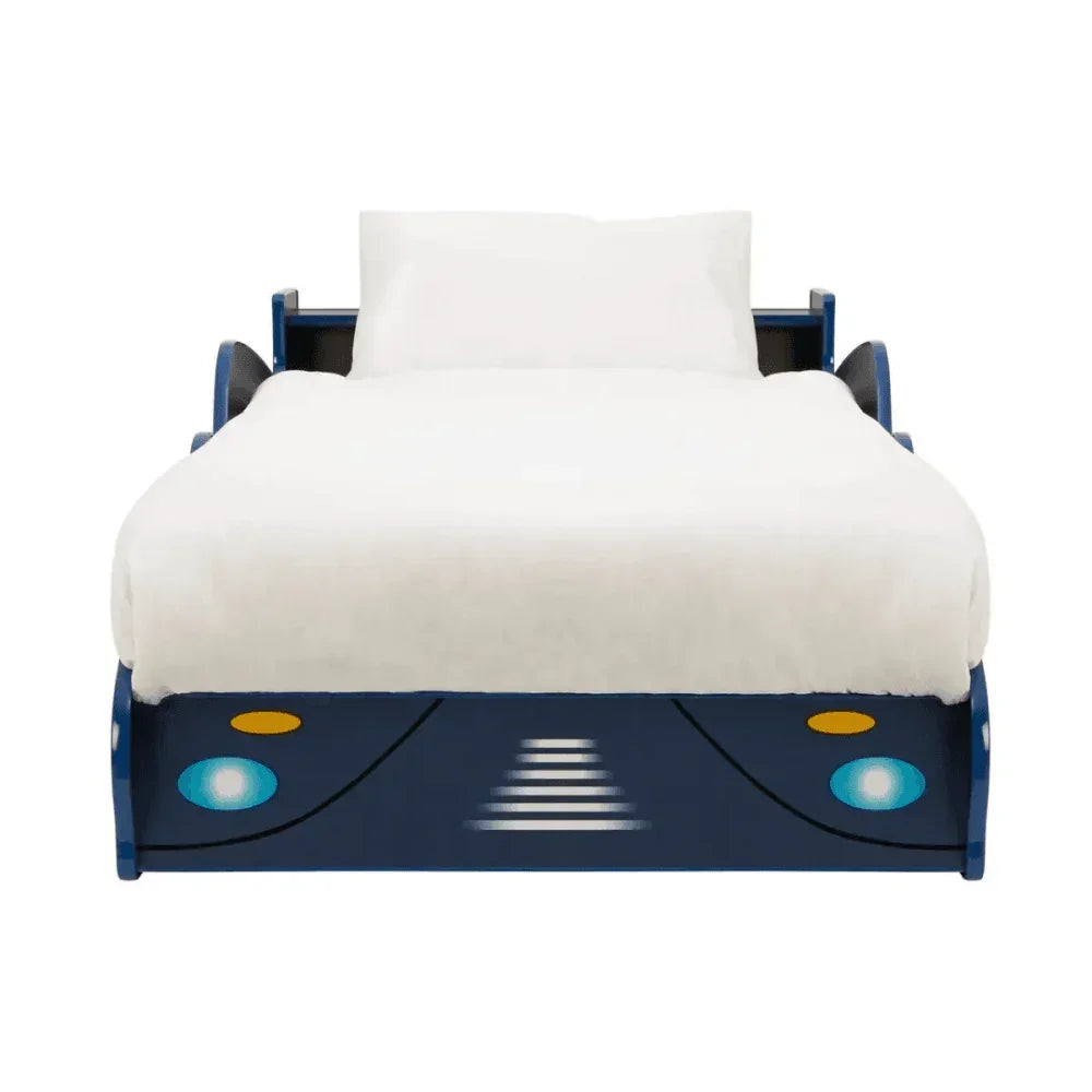 Blue car-shaped kids bed with headboard and white bedding, front view