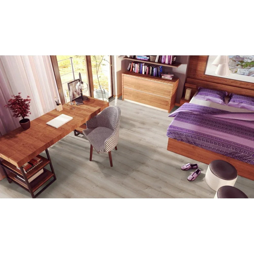 Modern bedroom with wooden bed, office desk, grey laminate flooring and purple bedding