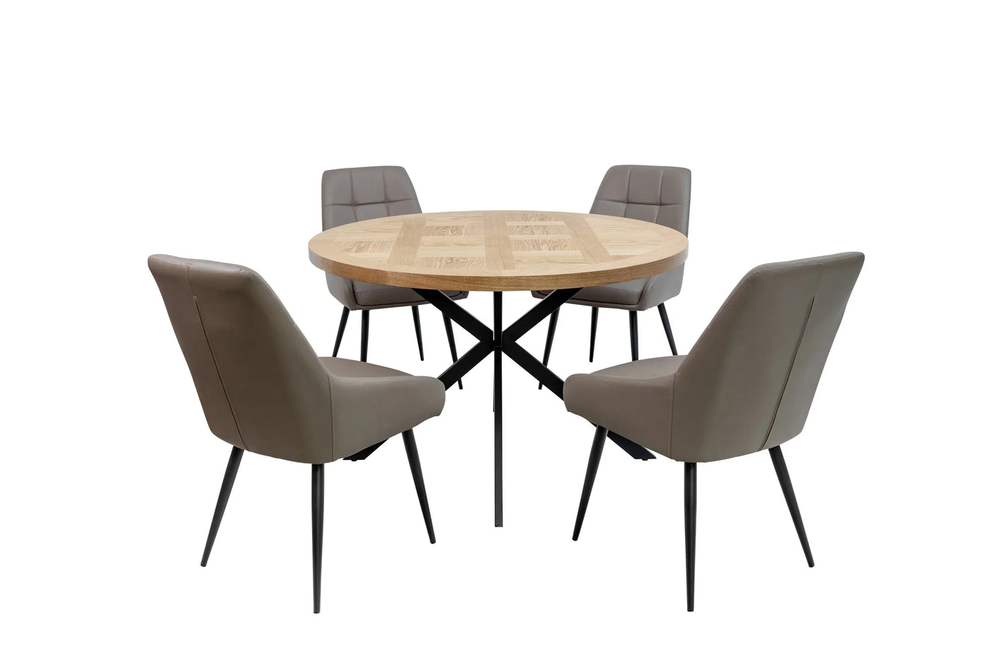 Round oak dining table with metal legs and four taupe upholstered chairs