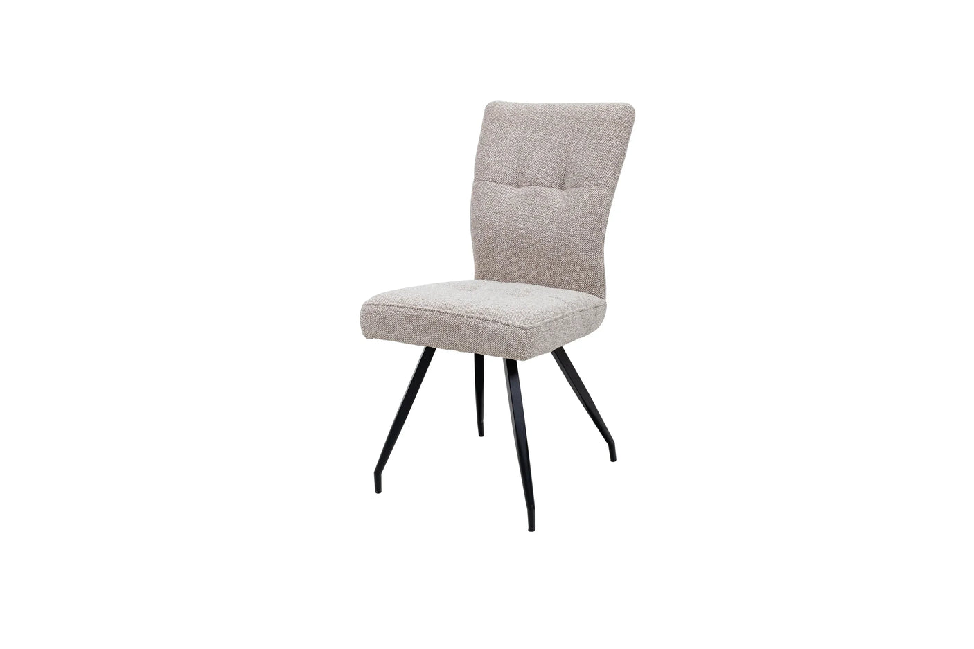 Beige fabric dining chair with black metal legs and cushioned seat