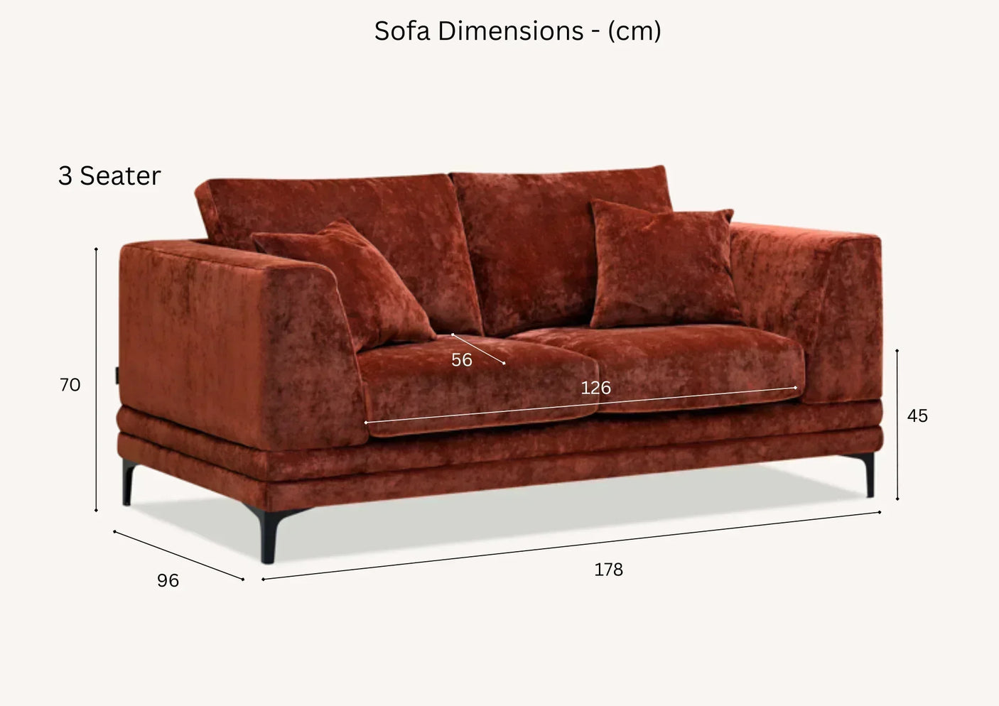 Rust velvet 3 seater sofa with plush cushions, black legs, and labelled dimensions in cm