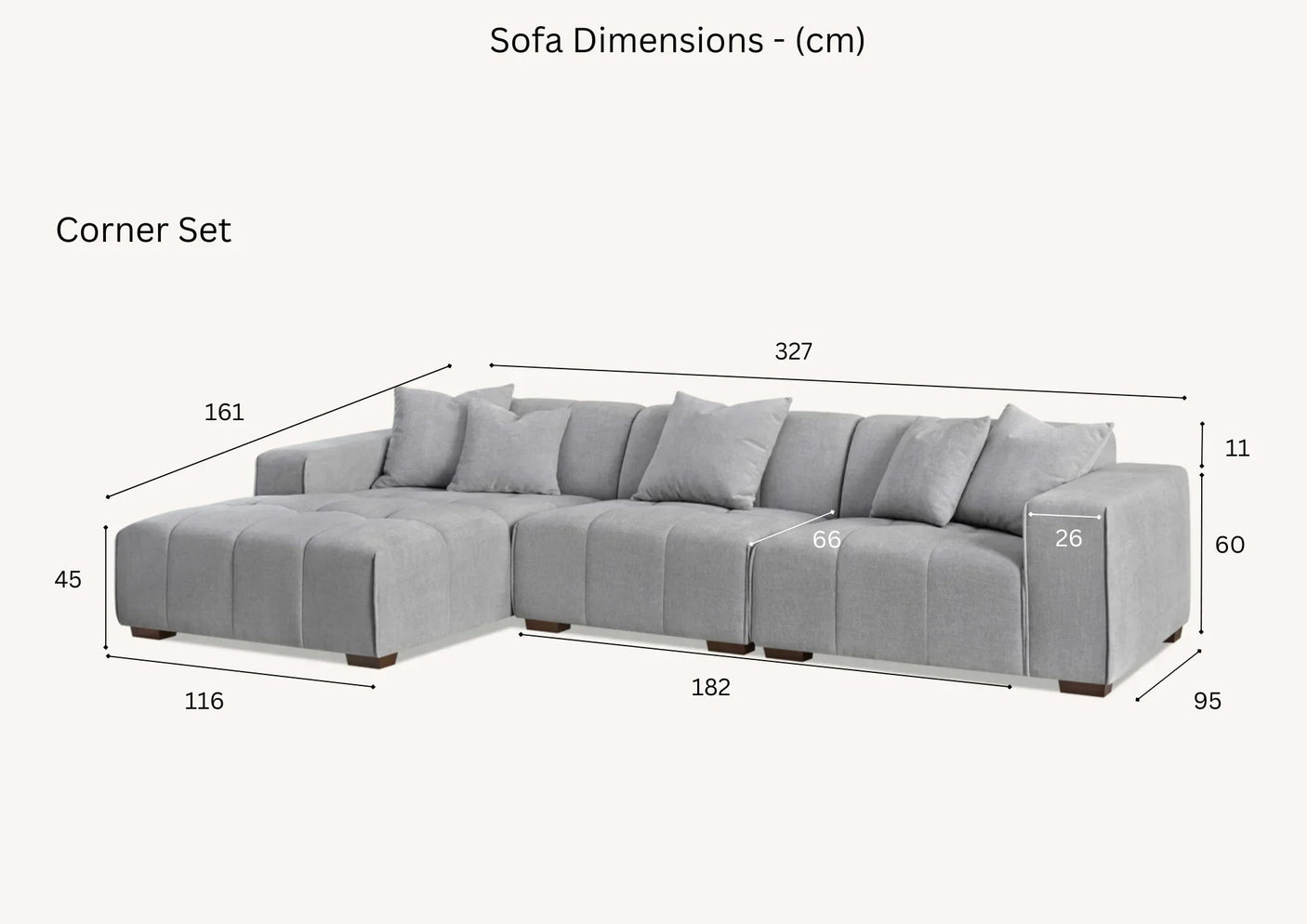 Grey corner sofa set with cushions, fabric upholstery, and labelled dimensions in centimeters