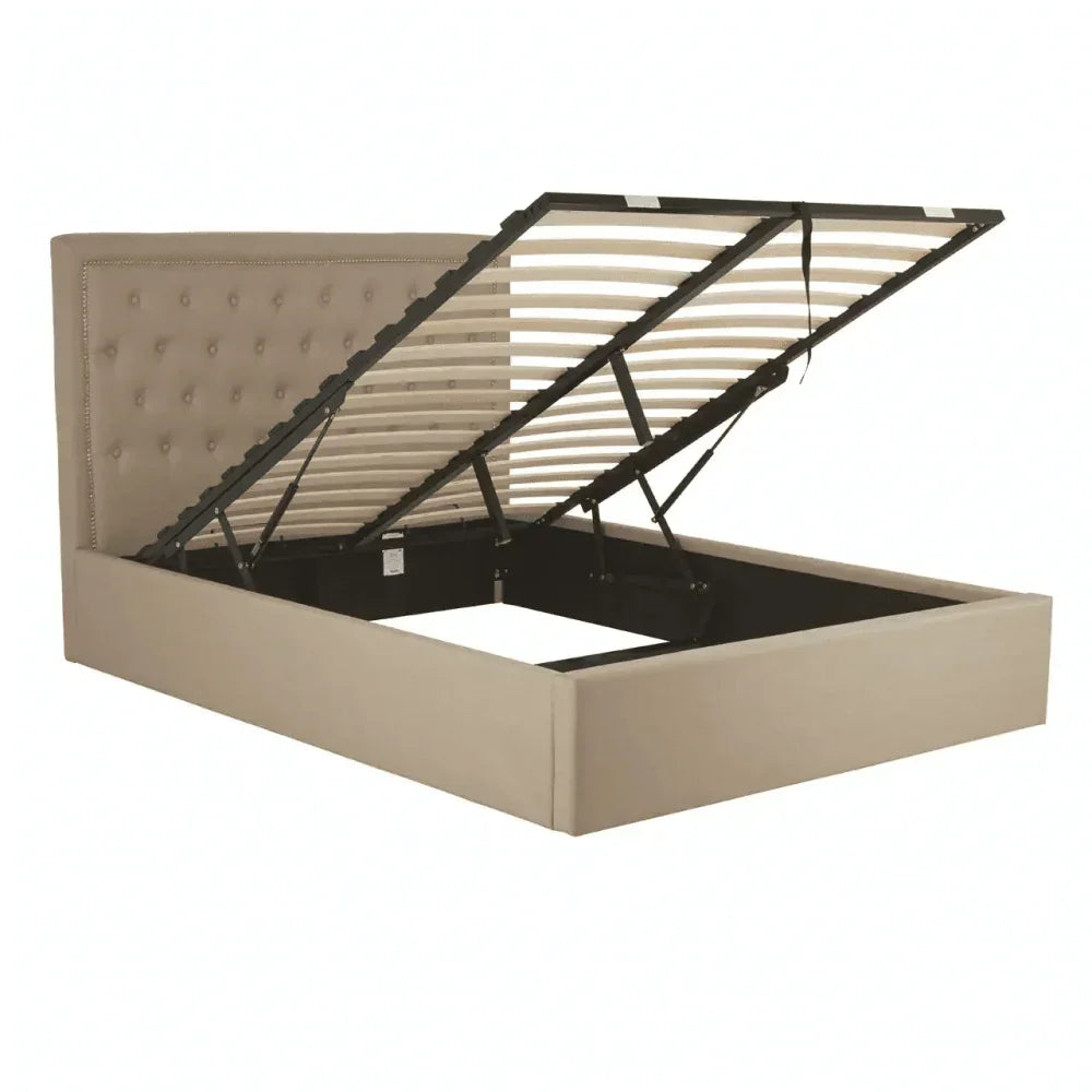 Beige upholstered ottoman storage bed frame with open lift-up slatted base and buttoned headboard