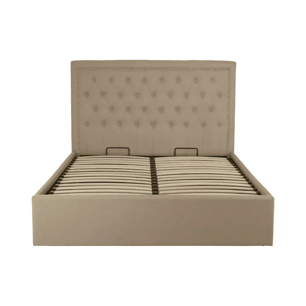 Beige upholstered bed frame with tufted headboard and wooden slats, front view