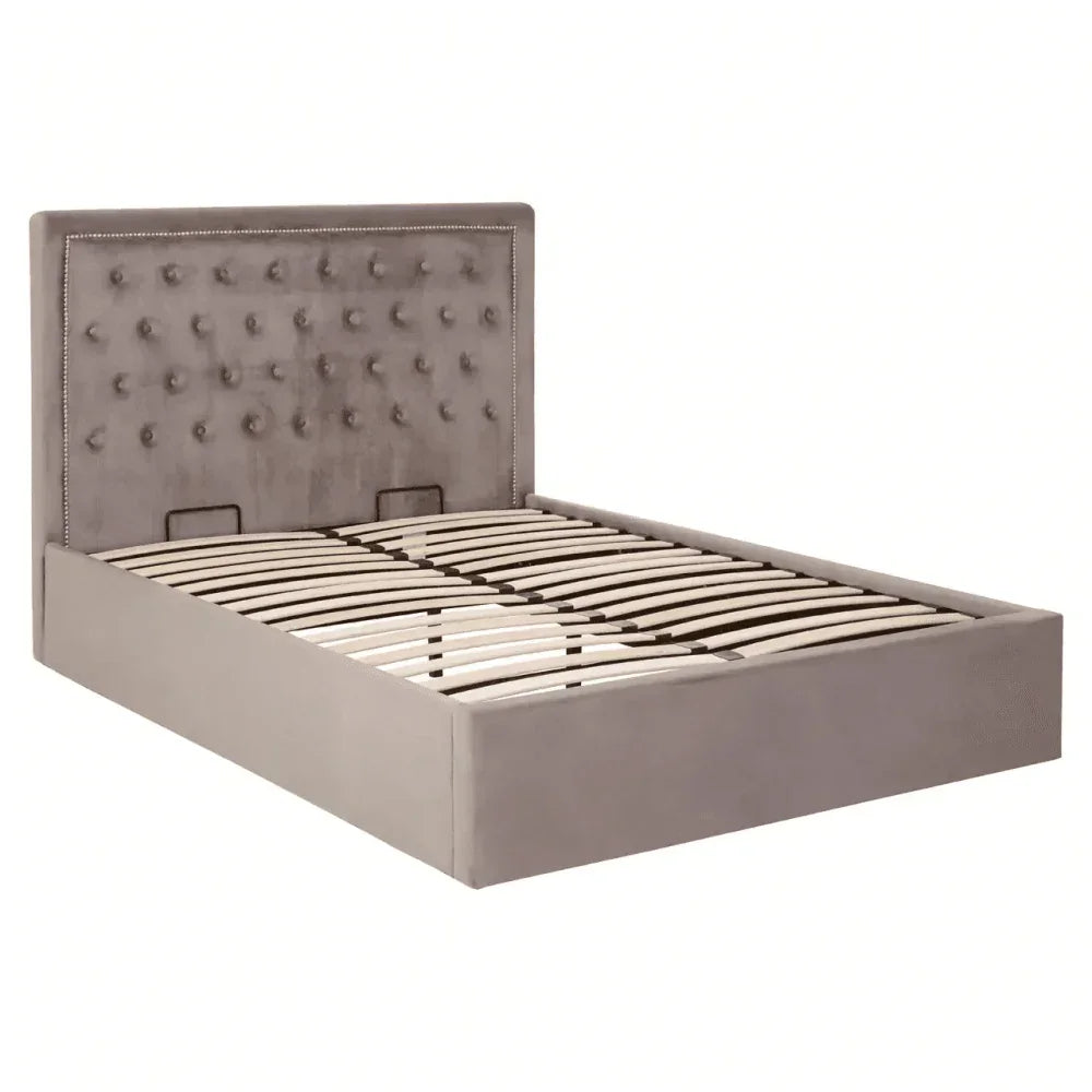 Grey upholstered bed frame with tufted headboard and wooden slats, angled front view