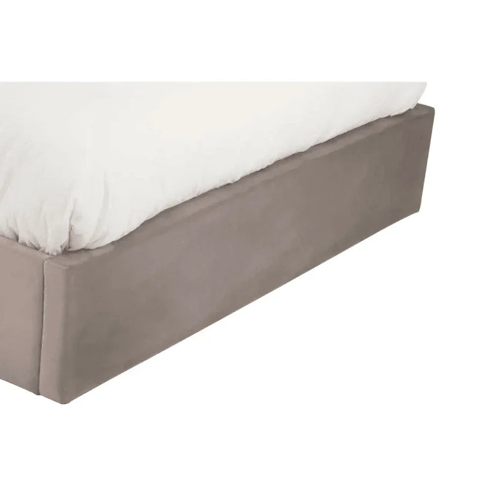 Taupe fabric bed base with white mattress corner view