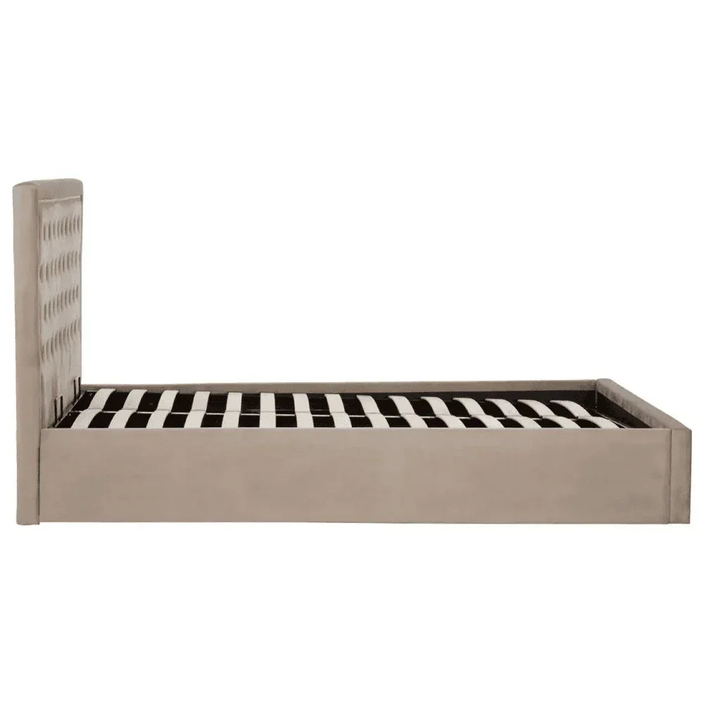 Beige upholstered bed frame with vertical tufted headboard and slatted wooden base