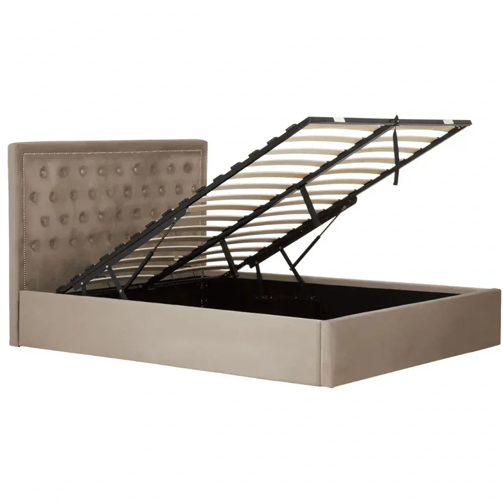 Beige upholstered ottoman storage bed with open lift-up base and tufted headboard