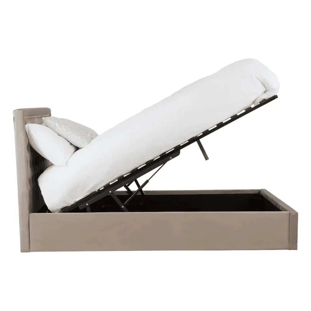 Beige upholstered ottoman bed frame with lift-up mattress revealing storage space