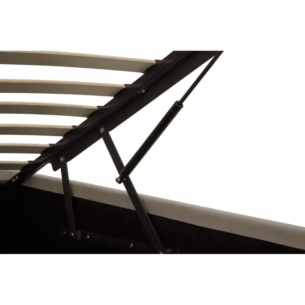 Close-up of ottoman bed gas lift storage hinge and wooden slat frame mechanism
