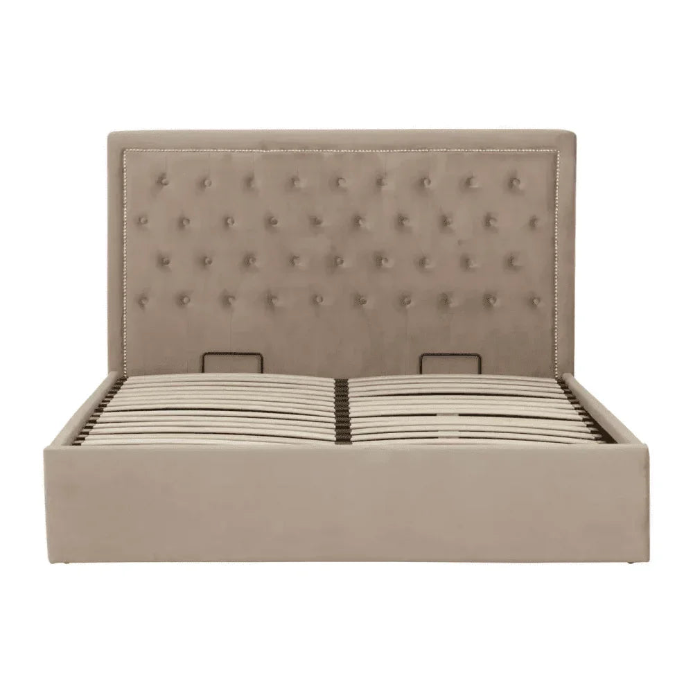 Beige upholstered bed frame with tufted headboard and wooden slats, front view