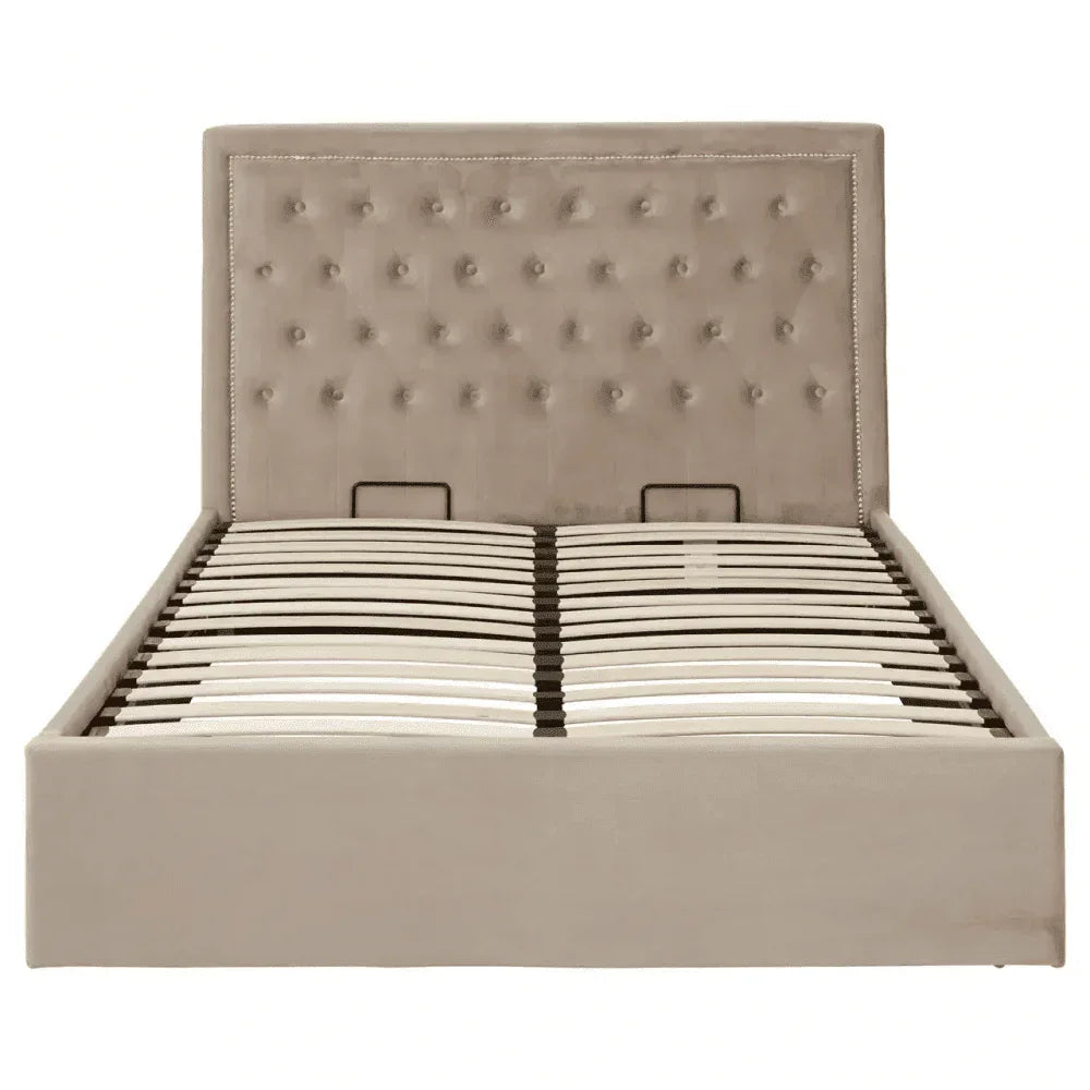 Beige upholstered bed frame with tufted headboard and wooden slats, front view