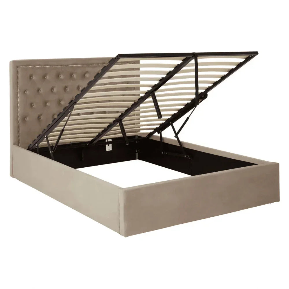 Beige upholstered ottoman storage bed with tufted headboard and open lift-up slatted base